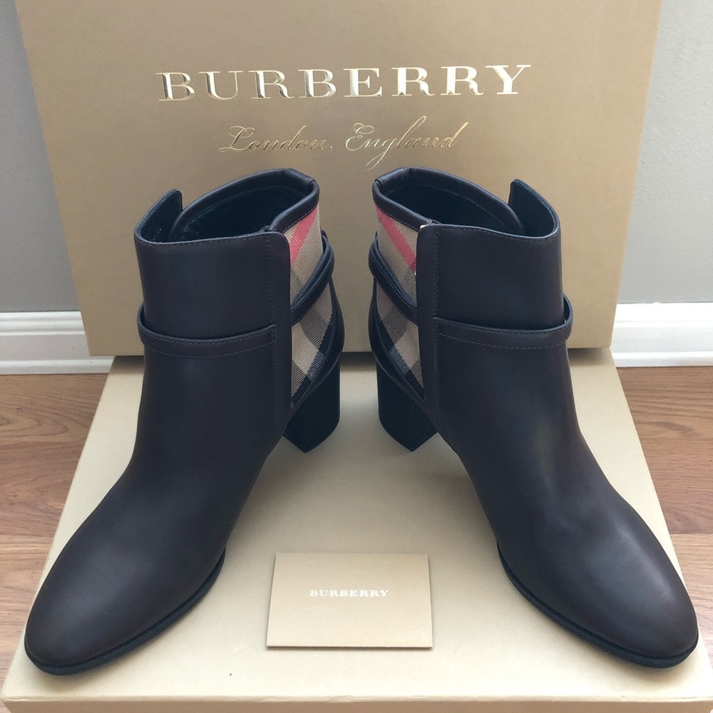 House Check and Leather Ankle Boots Burberry